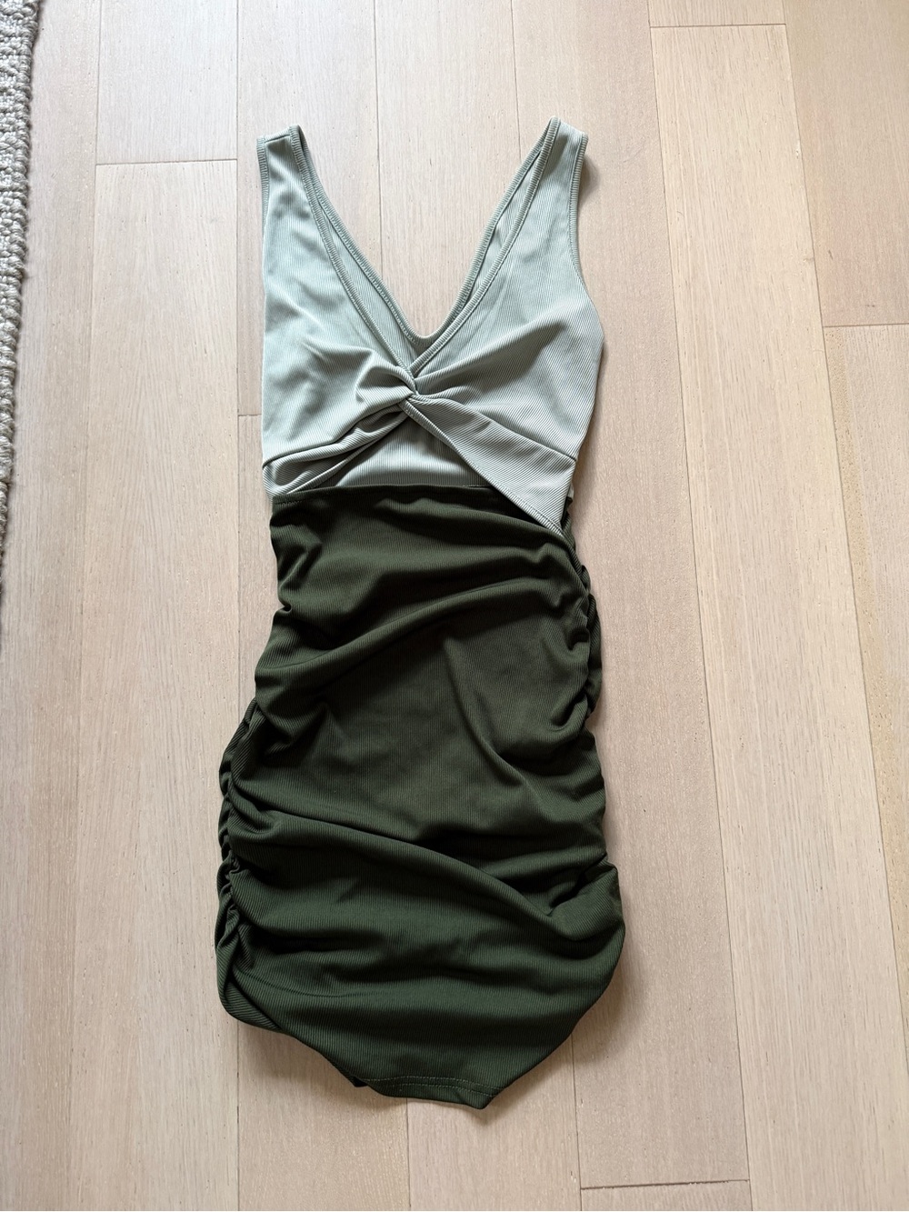 Two-Tone Twist Front Cutout Minidress in Sage and Olive